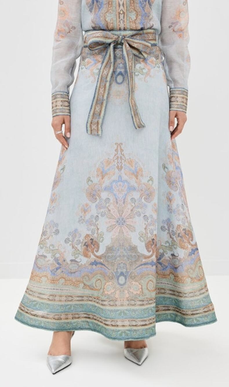 Benaar LA Katherine Organza Maxi Skirt Blue Paisley Print Belted Women's S